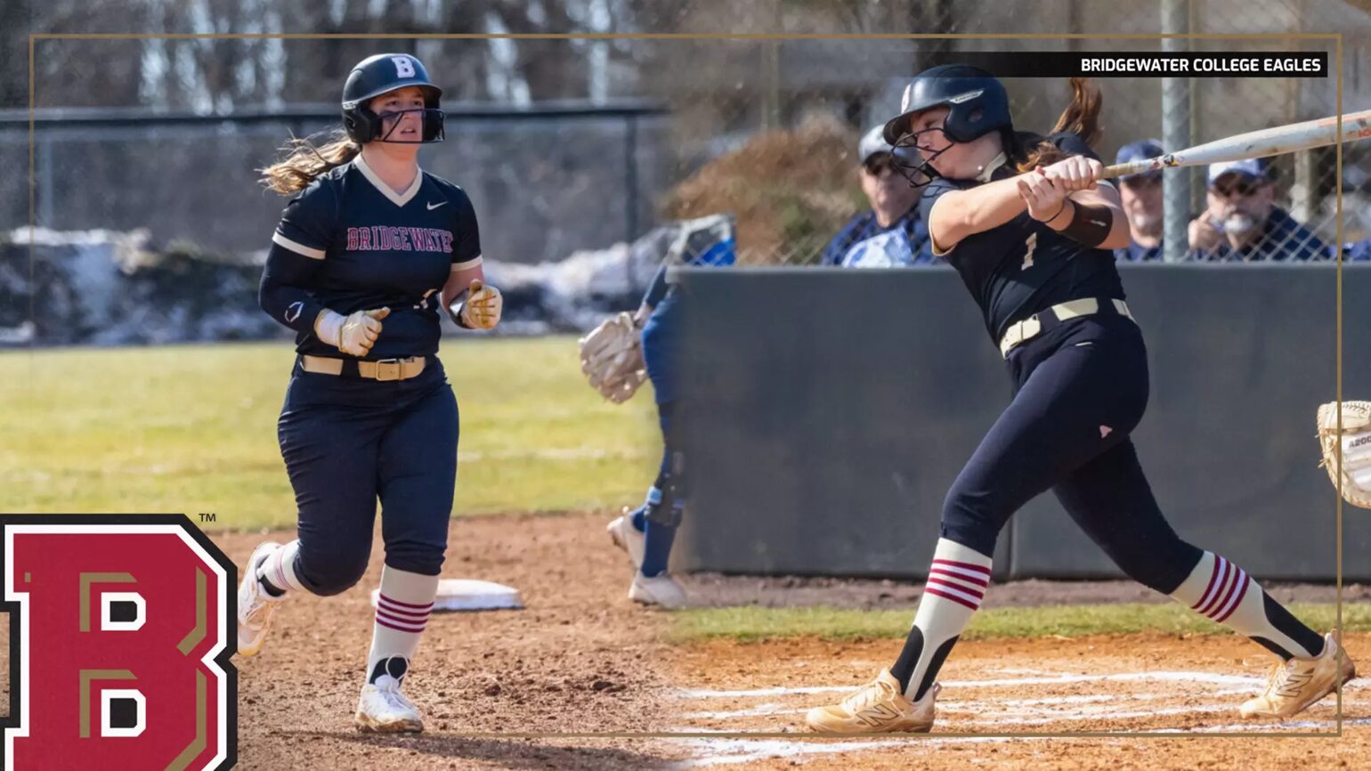 Bridgewater College softball: batter swinging at a pitch as a teammate runs toward home, with a large B logo in the corner.