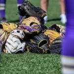 Pile of baseball gloves on a grassy field, framed by players in purple uniforms.