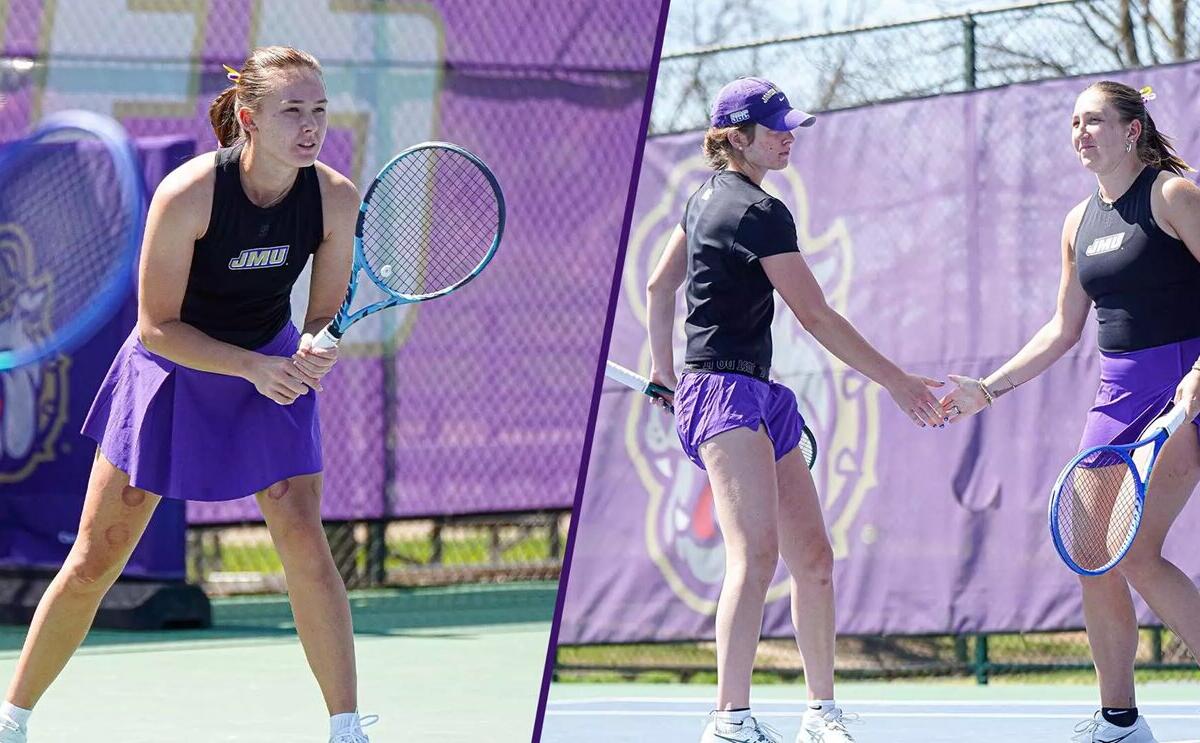 Two female tennis players in purple skirts shake hands on a court after a match, wearing black tops and matching purple accents.