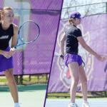 Two female tennis players in purple skirts shake hands on a court after a match, wearing black tops and matching purple accents.