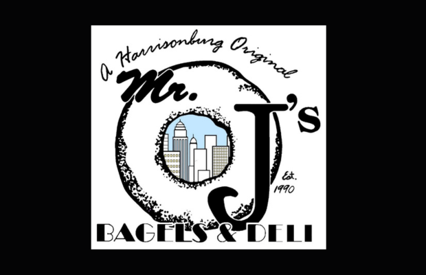 Mr. J's Bagels & Deli logo with a circular design, skyline inside the circle, and the text 'A Harrisonburg Original' (Est. 1990).