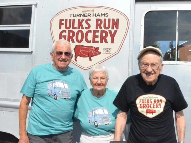 Miles, Marcella, and Miles' brother Garnett (original owner of Fulks Run Grocery) in 2018 after the unveiling of the new logo and the Ham Van.