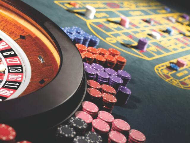 Poker chips on a table.