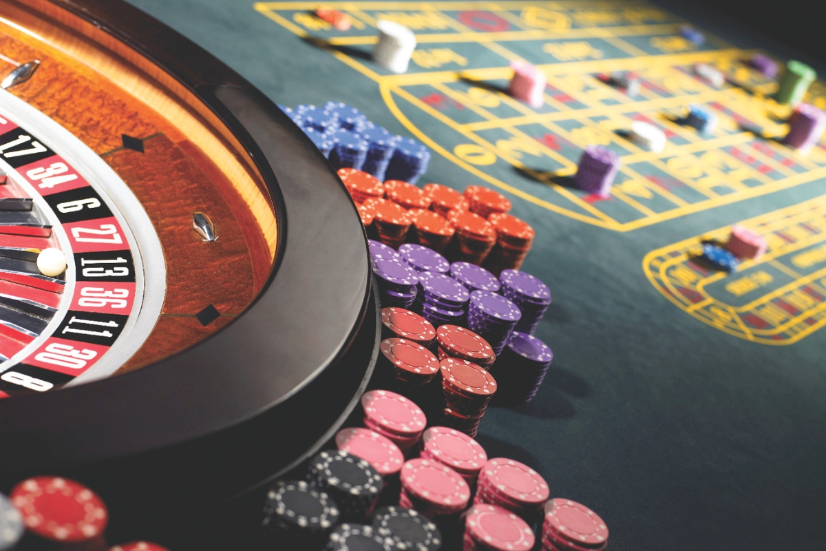 Poker chips on a table.