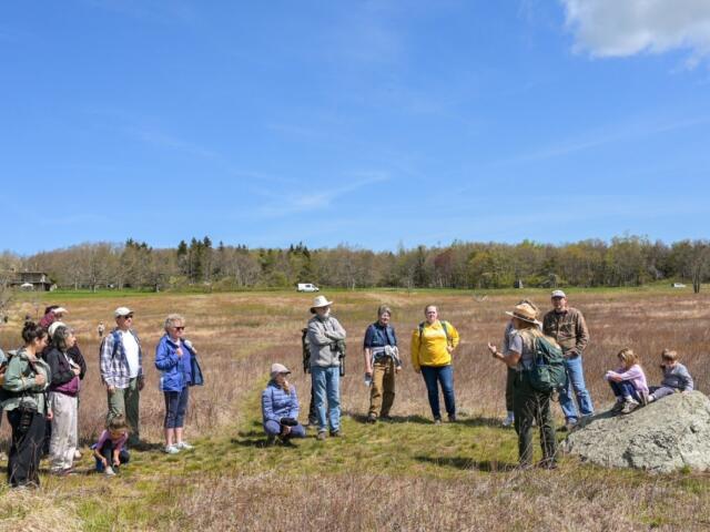 Group of hikers in a grassy field listening to a guide near a large boulder on a sunny day.