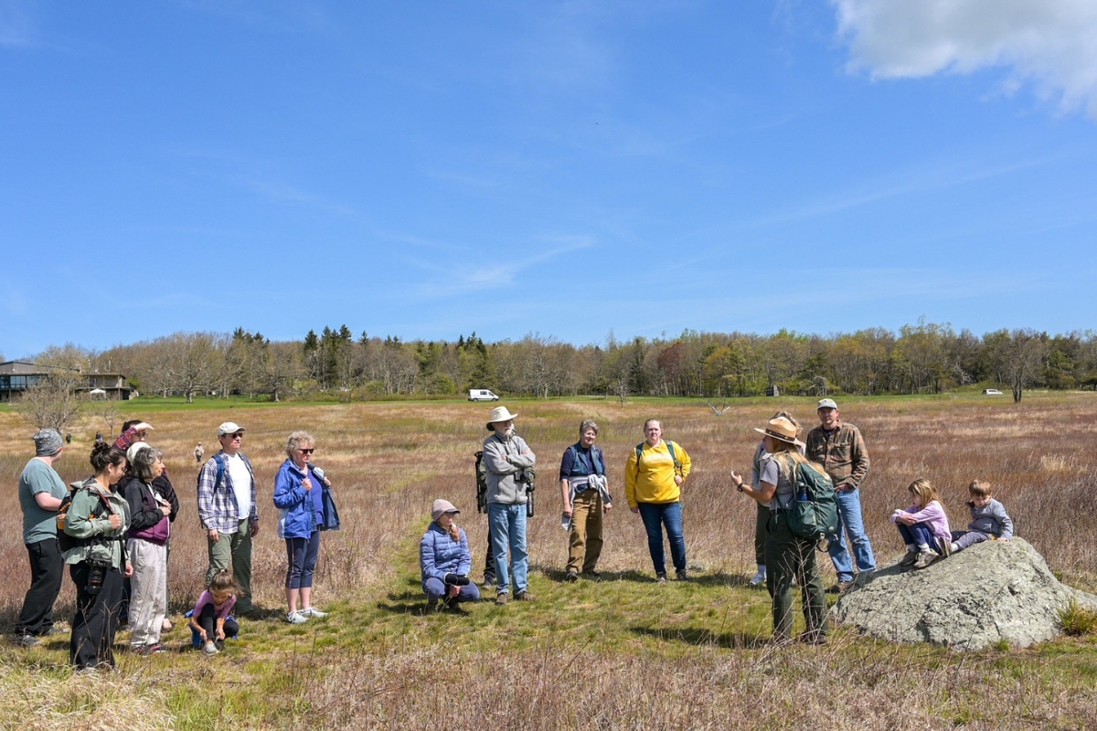 Group of hikers in a grassy field listening to a guide near a large boulder on a sunny day.