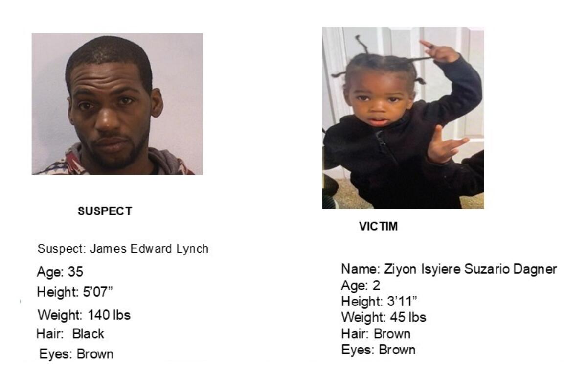 Infographic with two profiles: left shows a man labeled SUSPECT, James Edward Lynch, 35, 5'7", 140 lbs, hair black, brown eyes; right shows a child labeled VICTIM, Ziyon Isiyere Suzario Dagner, 2, 3'11", 45 lbs, hair brown, eyes brown.