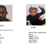 Infographic with two profiles: left shows a man labeled SUSPECT, James Edward Lynch, 35, 5'7", 140 lbs, hair black, brown eyes; right shows a child labeled VICTIM, Ziyon Isiyere Suzario Dagner, 2, 3'11", 45 lbs, hair brown, eyes brown.