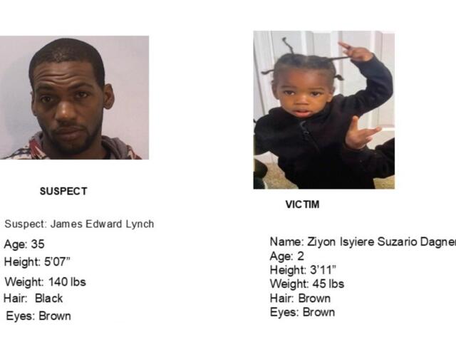 Infographic with two profiles: left shows a man labeled SUSPECT, James Edward Lynch, 35, 5'7", 140 lbs, hair black, brown eyes; right shows a child labeled VICTIM, Ziyon Isiyere Suzario Dagner, 2, 3'11", 45 lbs, hair brown, eyes brown.