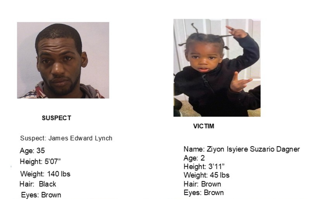 Infographic with two profiles: left shows a man labeled SUSPECT, James Edward Lynch, 35, 5'7", 140 lbs, hair black, brown eyes; right shows a child labeled VICTIM, Ziyon Isiyere Suzario Dagner, 2, 3'11", 45 lbs, hair brown, eyes brown.