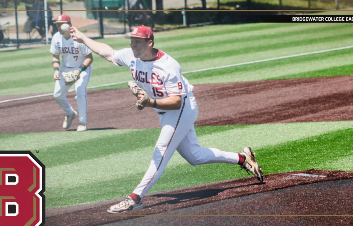Bridgewater College Eagles pitcher on the mound delivering a pitch during a game; teammate in the background; school logo bottom left.