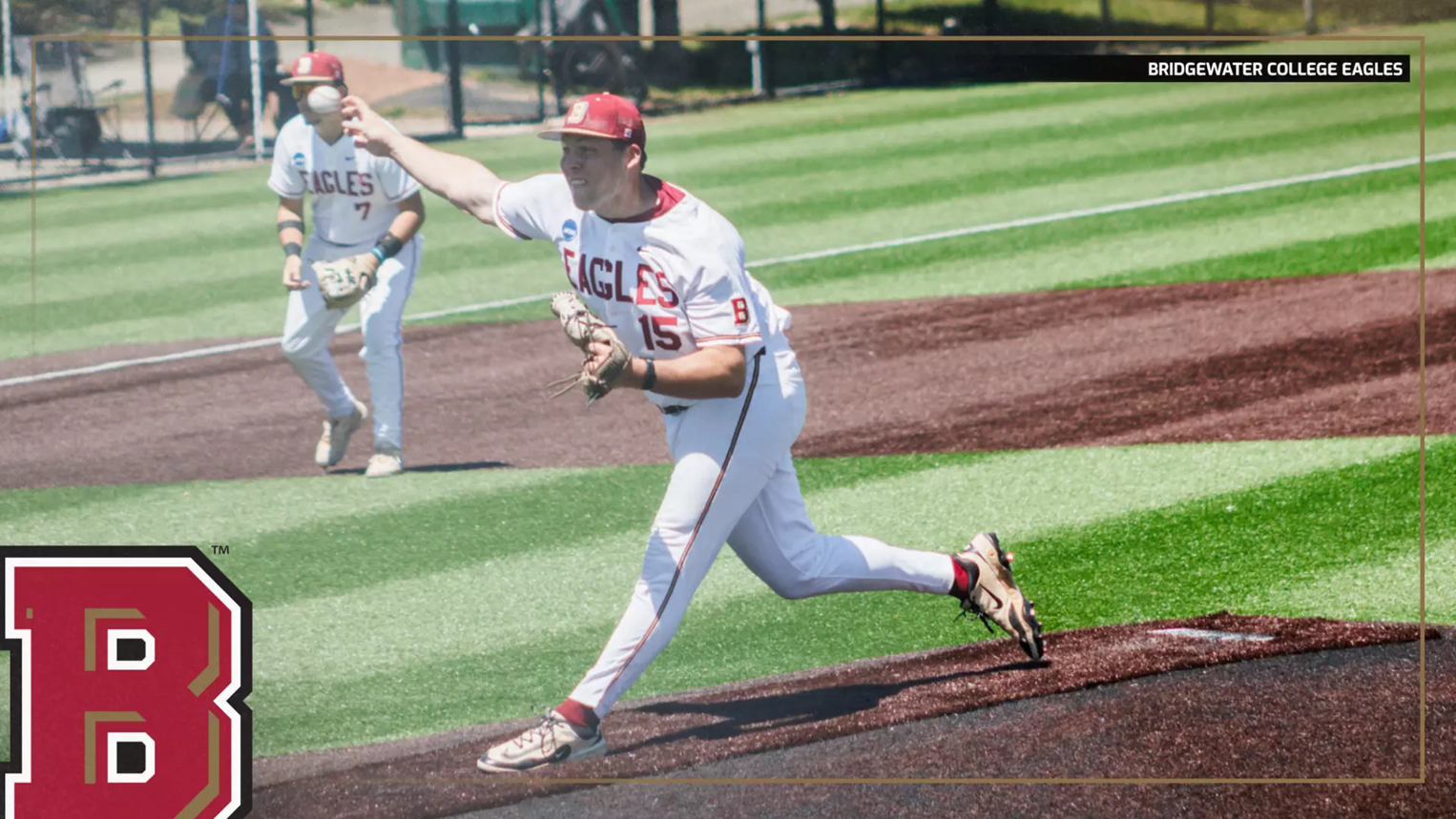 Bridgewater College Eagles pitcher on the mound delivering a pitch during a game; teammate in the background; school logo bottom left.
