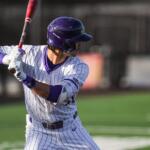 Baseball player in a white pinstripe uniform swings a bat, wearing a purple helmet and sleeves on a green field.