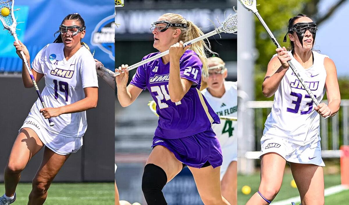 Three JMU lacrosse players chasing the ball in a split-image action shot; left in white #19, center in purple #24, right in white #33, all wearing goggles and holding sticks.