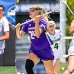 Three JMU lacrosse players chasing the ball in a split-image action shot; left in white #19, center in purple #24, right in white #33, all wearing goggles and holding sticks.