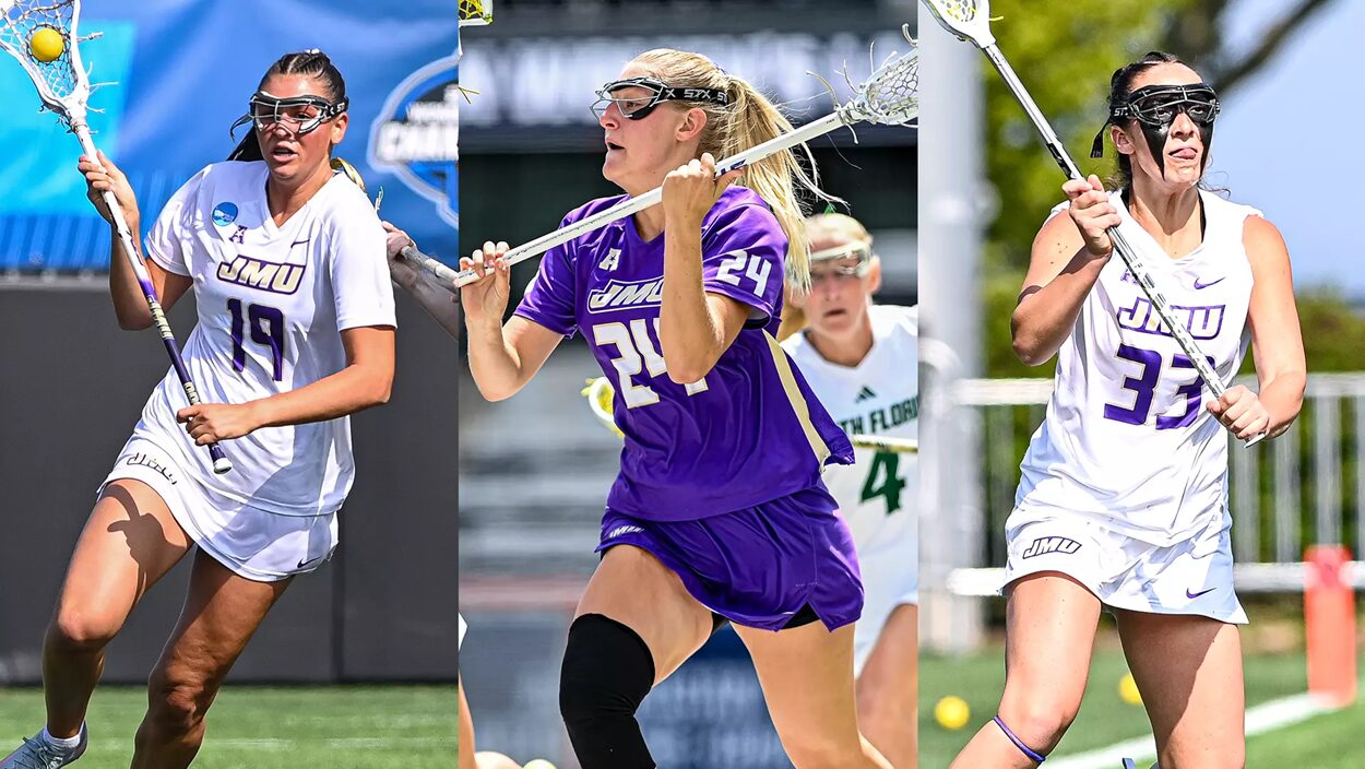 Three JMU lacrosse players chasing the ball in a split-image action shot; left in white #19, center in purple #24, right in white #33, all wearing goggles and holding sticks.