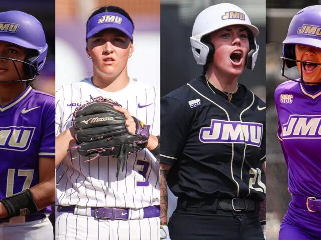 Quadruple collage of JMU softball players in purple uniforms in action: batter, infielder with glove, yelling pitcher, and another batter ready at the plate