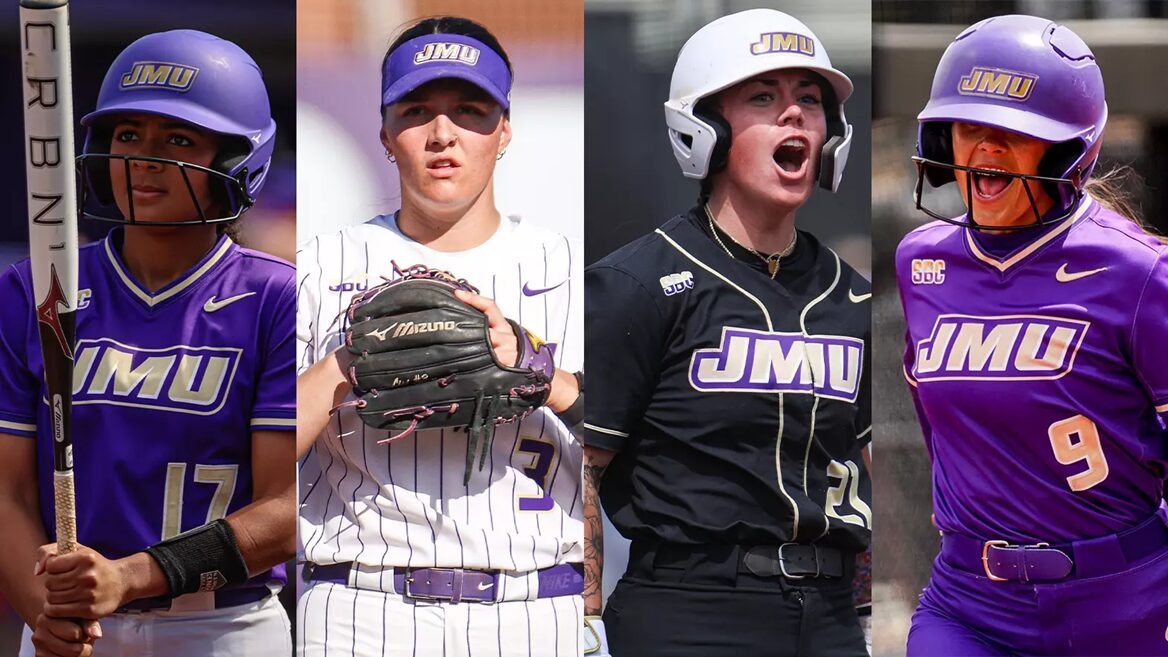 Quadruple collage of JMU softball players in purple uniforms in action: batter, infielder with glove, yelling pitcher, and another batter ready at the plate
