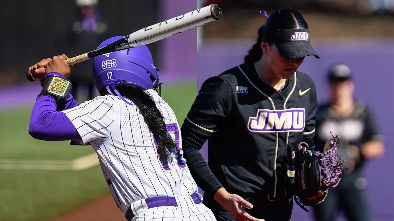 Two softball players collide at the plate: a purple-helmed batter swings while a black-uniform fielder closes in.