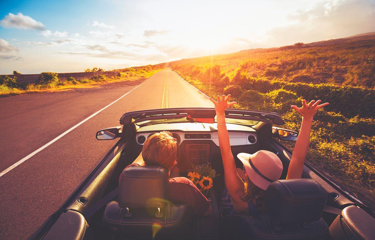 Driving with a sunset in the background