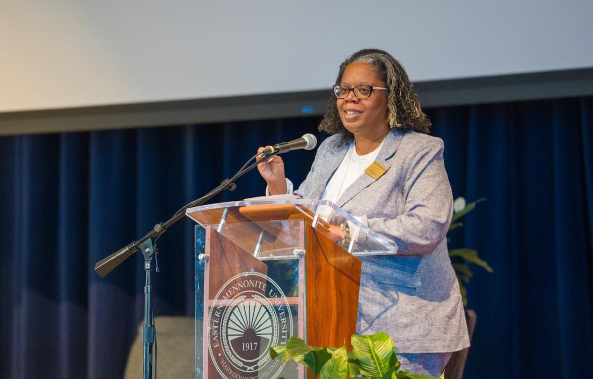 Convocation, EMU, Eastern Mennonite University, Interim President Shannon Dycus, Lehman Auditorium, Opening Convocation, President Shannon Dycus, Spring 2026, podium, speaker
