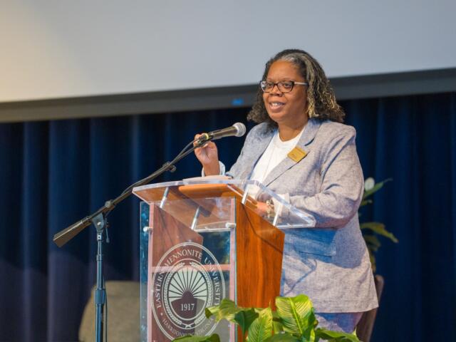 Convocation, EMU, Eastern Mennonite University, Interim President Shannon Dycus, Lehman Auditorium, Opening Convocation, President Shannon Dycus, Spring 2026, podium, speaker