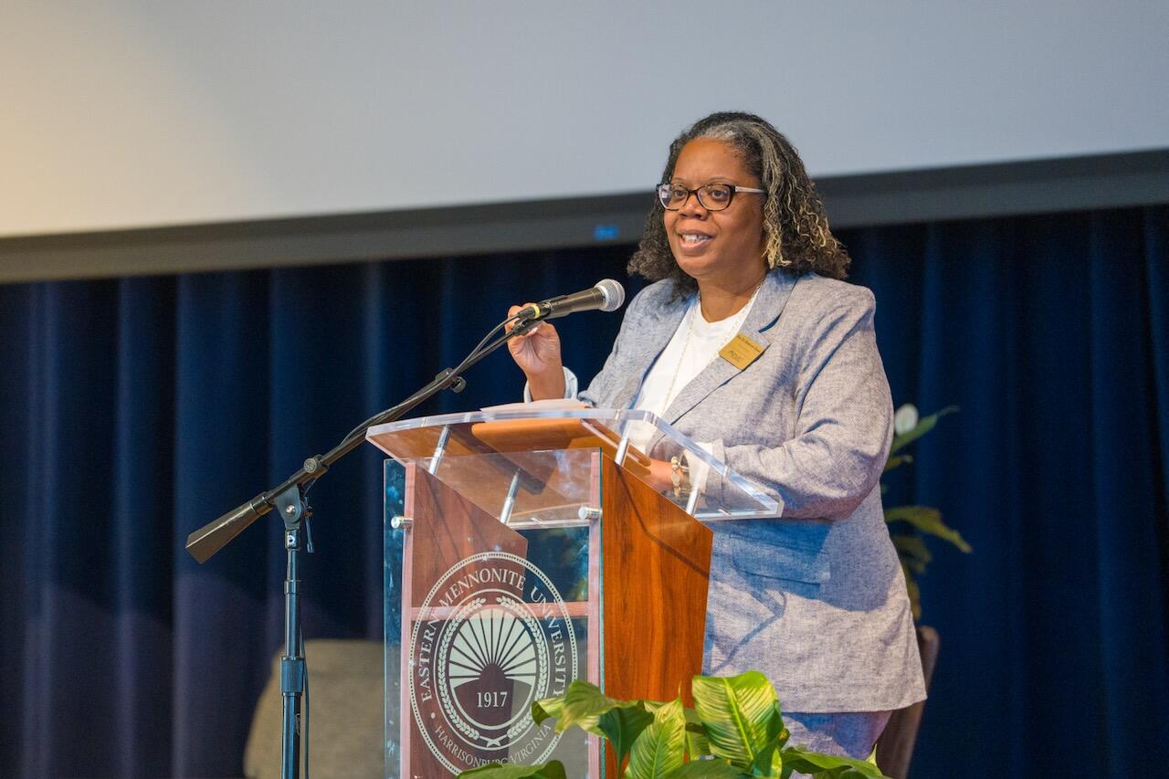 Convocation, EMU, Eastern Mennonite University, Interim President Shannon Dycus, Lehman Auditorium, Opening Convocation, President Shannon Dycus, Spring 2026, podium, speaker