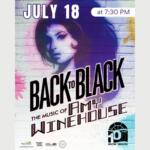 Promotional poster for a live show: 'Back to Black' (The Music of Amy Winehouse), July 18 at 7:30 PM, Wayne Theatre (50th anniversary logo).