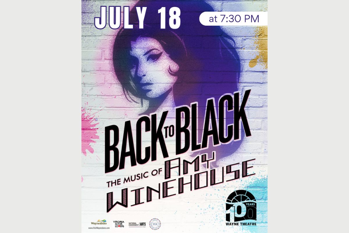 Promotional poster for a live show: 'Back to Black' (The Music of Amy Winehouse), July 18 at 7:30 PM, Wayne Theatre (50th anniversary logo).