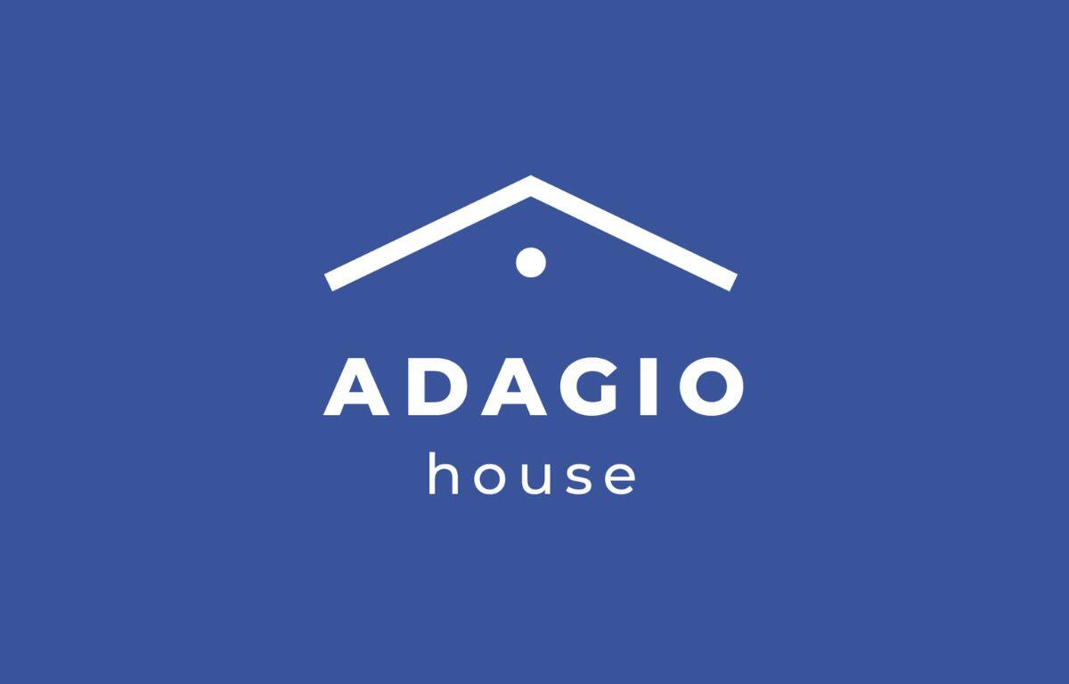 Adagio House logo on blue background: white roof icon with a dot beneath and the word ADAGIO with 'house' below.
