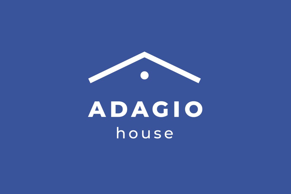 Adagio House logo on blue background: white roof icon with a dot beneath and the word ADAGIO with 'house' below.