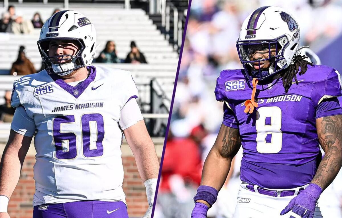 Two James Madison football players, split image: left in white jersey #60, right in purple jersey #8, facing forward on the field with a diagonal divider between them