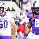 Two James Madison football players, split image: left in white jersey #60, right in purple jersey #8, facing forward on the field with a diagonal divider between them