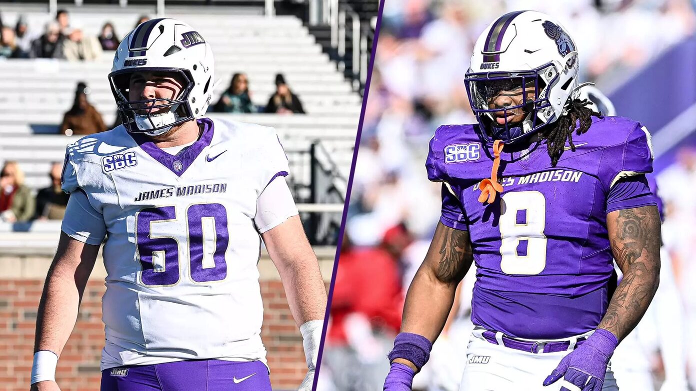 Two James Madison football players, split image: left in white jersey #60, right in purple jersey #8, facing forward on the field with a diagonal divider between them