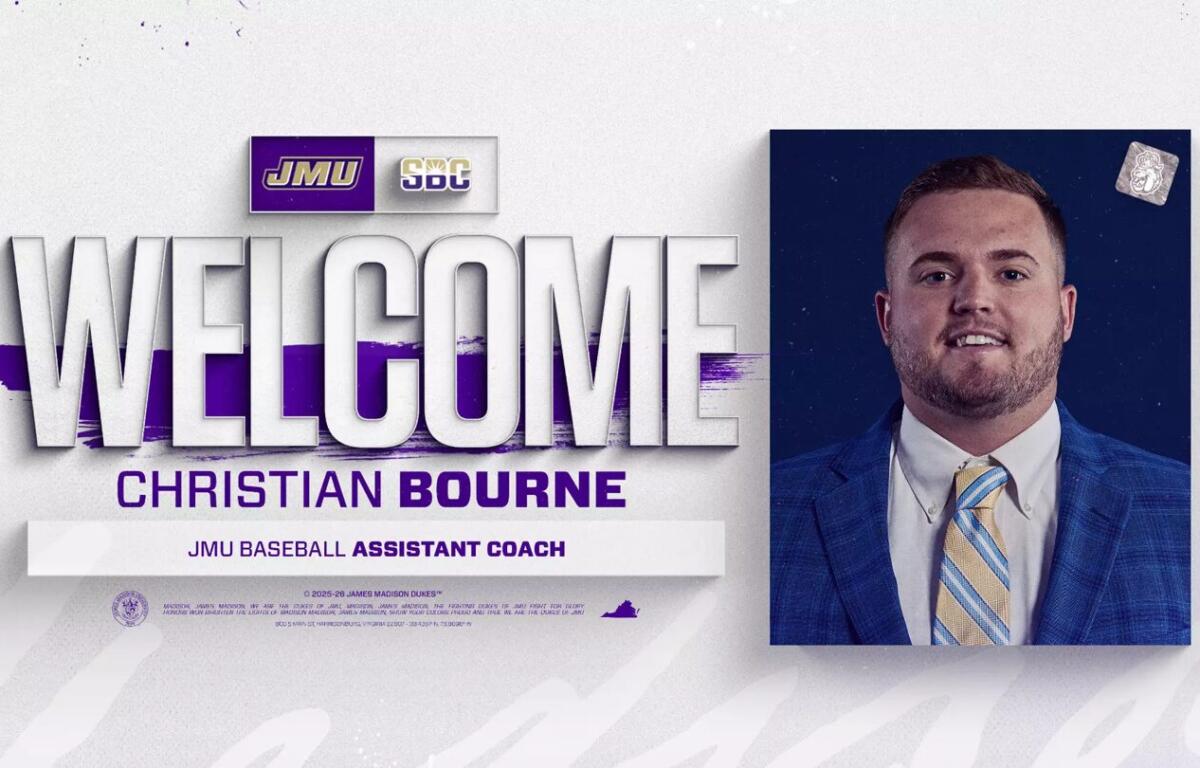 Welcome banner for JMU baseball assistant coach Christian Bourne, with a large 'WELCOME' title and his portrait on the right.