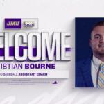 Welcome banner for JMU baseball assistant coach Christian Bourne, with a large 'WELCOME' title and his portrait on the right.