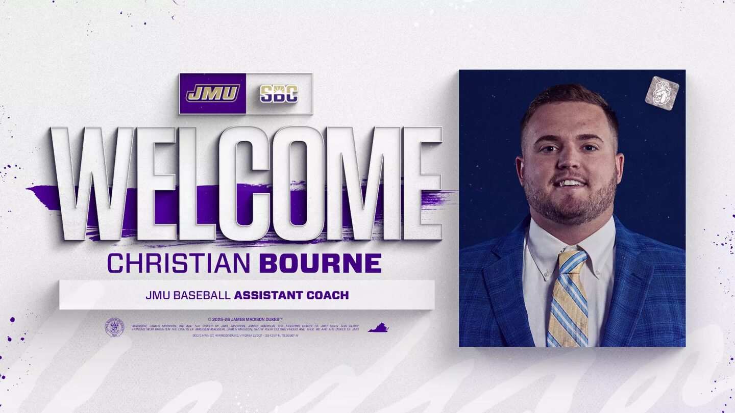 Welcome banner for JMU baseball assistant coach Christian Bourne, with a large 'WELCOME' title and his portrait on the right.
