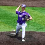 Baseball pitcher in a purple jersey winds up to throw from the pitcher's mound on a green baseball field.