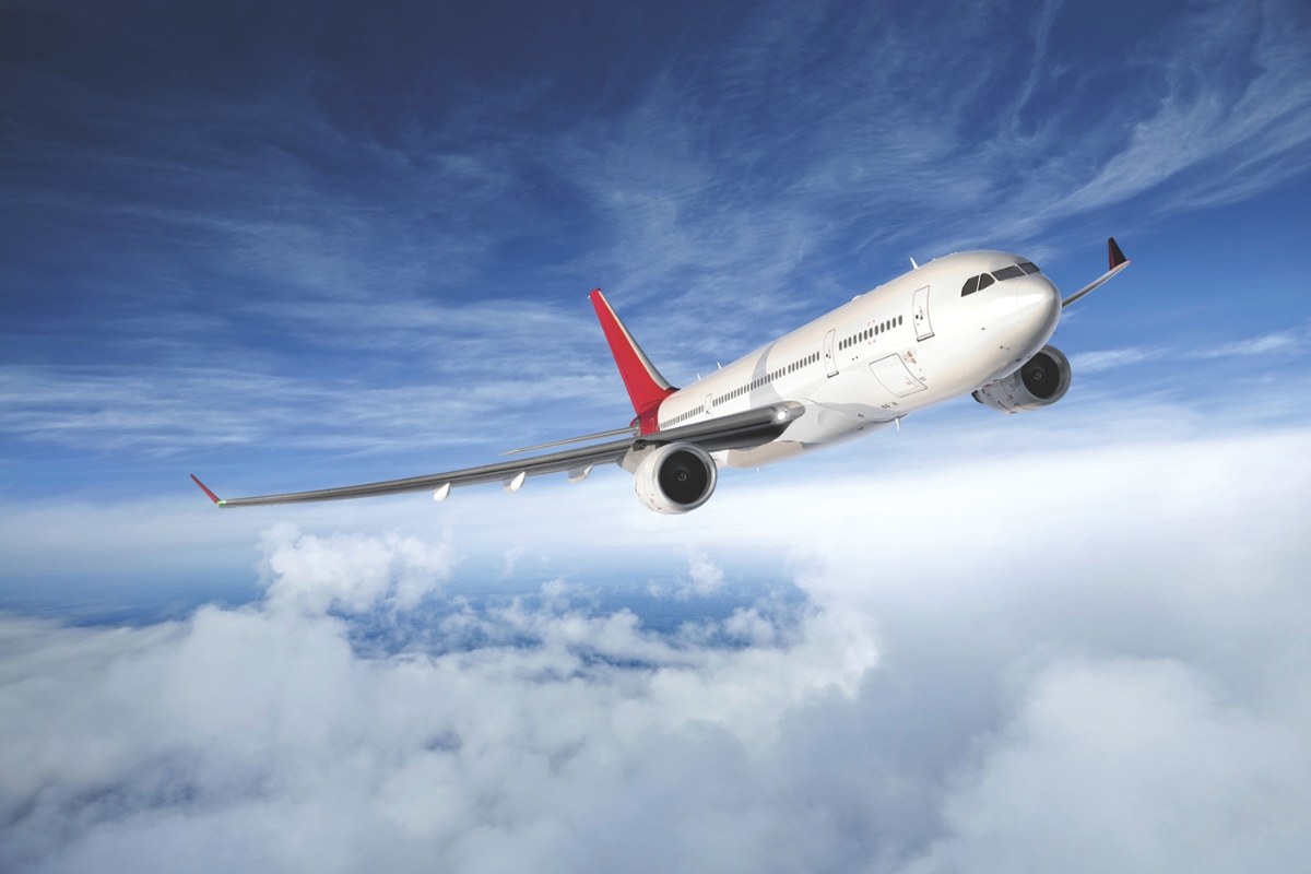 An airplane in the sky.