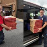 Harrisonburg Fire Department firefighters carry pizza boxes.