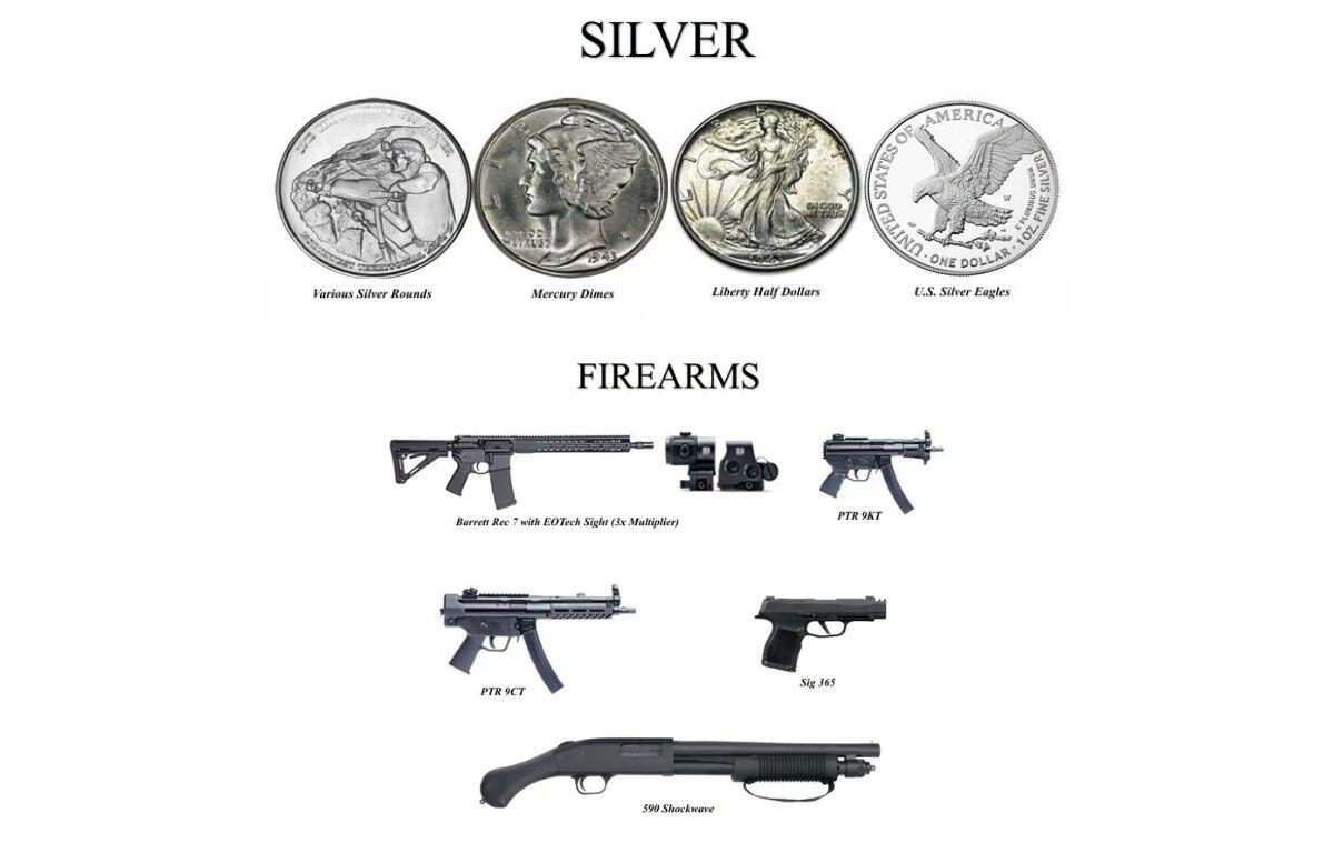 Images of the items stolen: 1 Oz. Silver Rounds - $12.00 per piece, up to 2,000 pieces. • Walking Liberty Half Dollars - $5.00 per piece, up to 1,040 pieces. • Mercury Dimes - $1.00 per piece, up to 17,600 pieces. • Firearms - Barrett Rec 7 with EOTech Sight (3x Multiplier): $1,000; PTR 9KT: $1,000; PTR 9CT: $1,000; Sig Saur 365: $400; Mossberg Shockwave: $300.