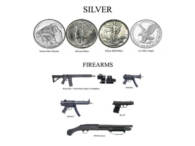 Images of the items stolen: 1 Oz. Silver Rounds - $12.00 per piece, up to 2,000 pieces. • Walking Liberty Half Dollars - $5.00 per piece, up to 1,040 pieces. • Mercury Dimes - $1.00 per piece, up to 17,600 pieces. • Firearms - Barrett Rec 7 with EOTech Sight (3x Multiplier): $1,000; PTR 9KT: $1,000; PTR 9CT: $1,000; Sig Saur 365: $400; Mossberg Shockwave: $300.