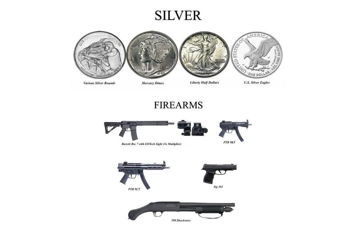 Images of the items stolen: 1 Oz. Silver Rounds - $12.00 per piece, up to 2,000 pieces. • Walking Liberty Half Dollars - $5.00 per piece, up to 1,040 pieces. • Mercury Dimes - $1.00 per piece, up to 17,600 pieces. • Firearms - Barrett Rec 7 with EOTech Sight (3x Multiplier): $1,000; PTR 9KT: $1,000; PTR 9CT: $1,000; Sig Saur 365: $400; Mossberg Shockwave: $300.