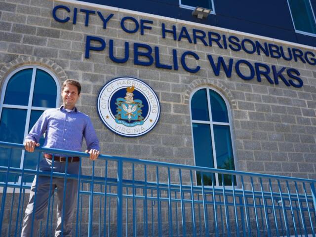 Jonathan Dean in front of the Harrisonburg Public Works entrance