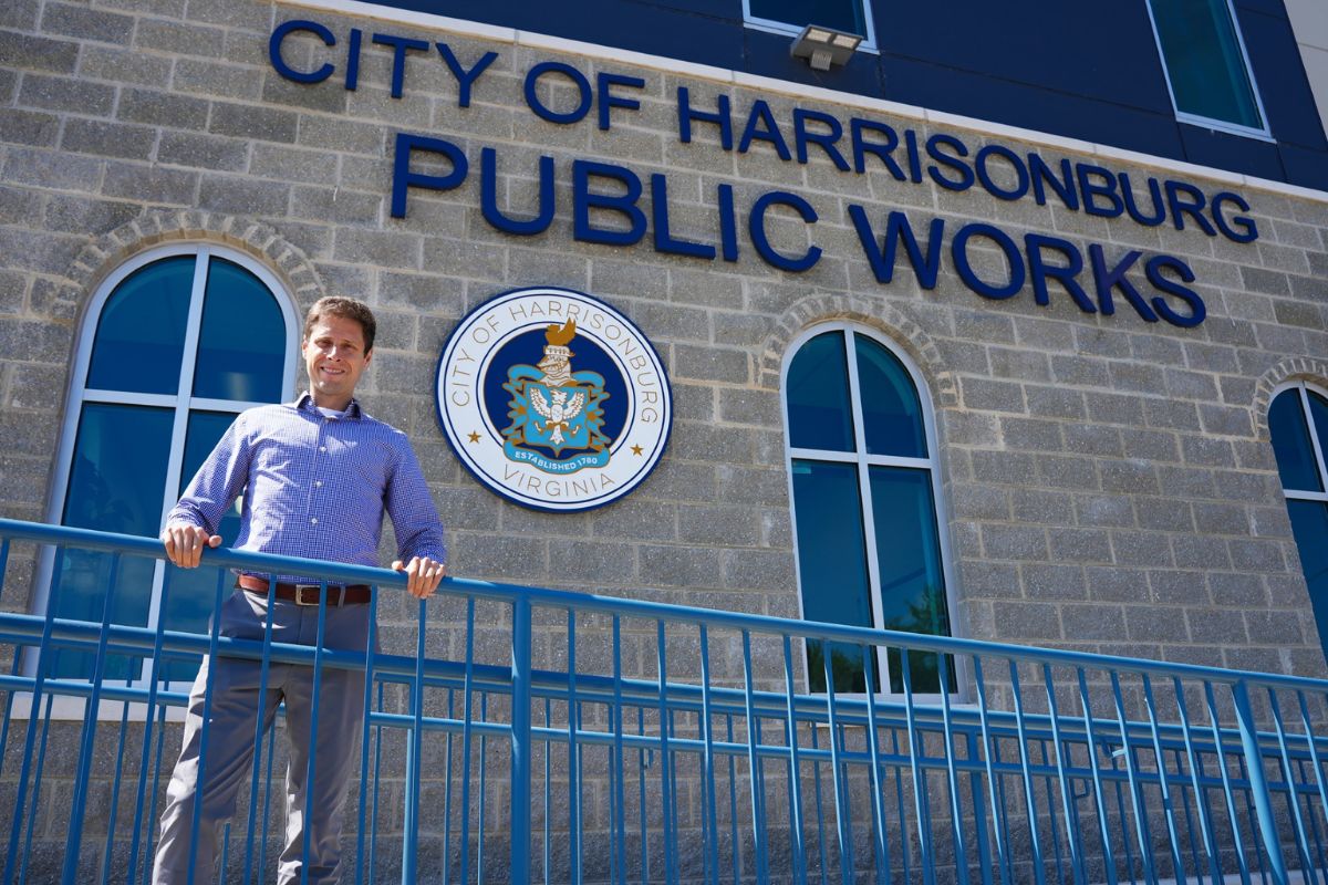 Jonathan Dean in front of the Harrisonburg Public Works entrance
