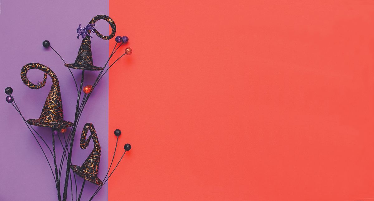 Witch's hats with orange and purple in the background